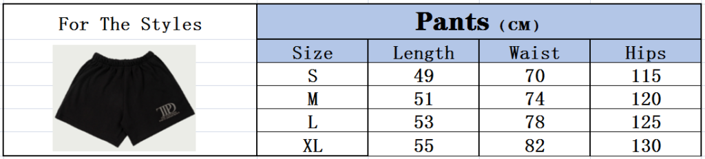 Shorts size chart